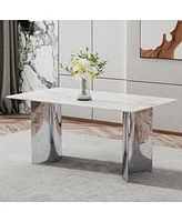 Simplie Fun White Marble Dining Table, Stainless Steel Legs, 63"