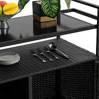 Wicker Bar Cart with Wheels, Glass Top