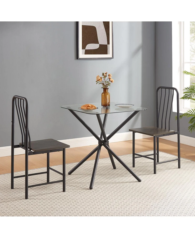 Simplie Fun Square Glass Dining Set for 2 with Metal Chairs