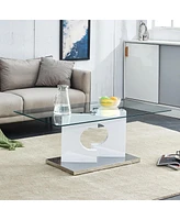 Simplie Fun Rectangular modern coffee table with tempered glass top and white Mdf legs, perfect for living room