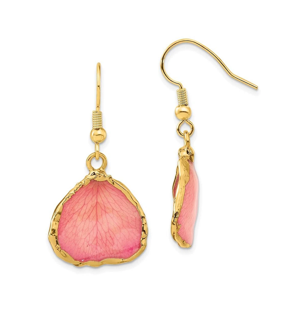 Diamond2Deal 24k Gold-trim Lacquer Dipped Pink Rose Petal Gold-tone Dangle Earrings