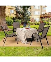 Gymax 4PCS Patio Stacking Dining Chairs w/ Curved Armrests & Breathable Seat Fabric Brown