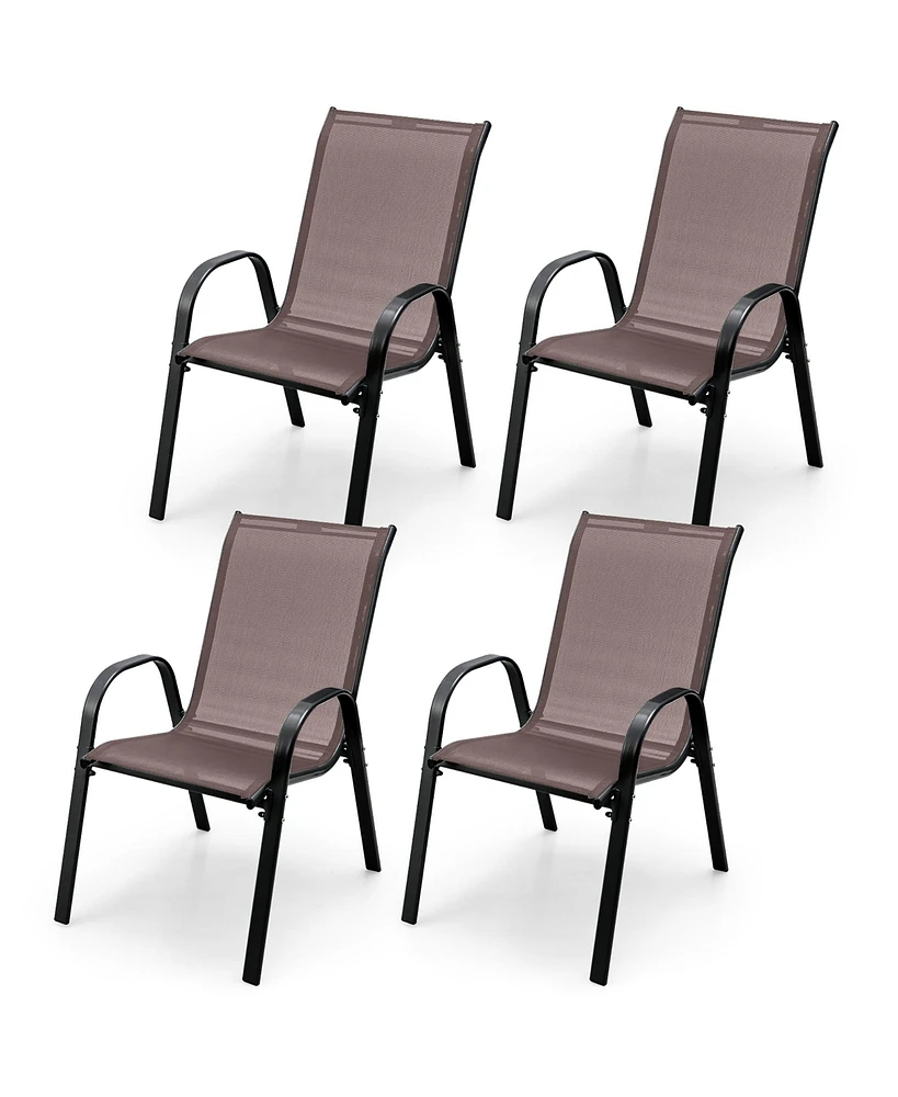 Gymax 4PCS Patio Stacking Dining Chairs w/ Curved Armrests & Breathable Seat Fabric Brown