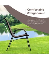 Gymax 4PCS Patio Stacking Dining Chairs w/ Curved Armrests & Breathable Seat Fabric Brown