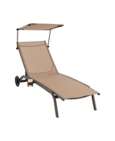 Slickblue Patio Heavy-Duty Adjustable Chaise Lounge Chair with Canopy Cup holder and Wheels-Brown