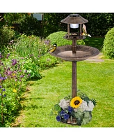 Slickblue Pedestal Bird Bath with Solar Light with Bird Feeder and Flower Planter