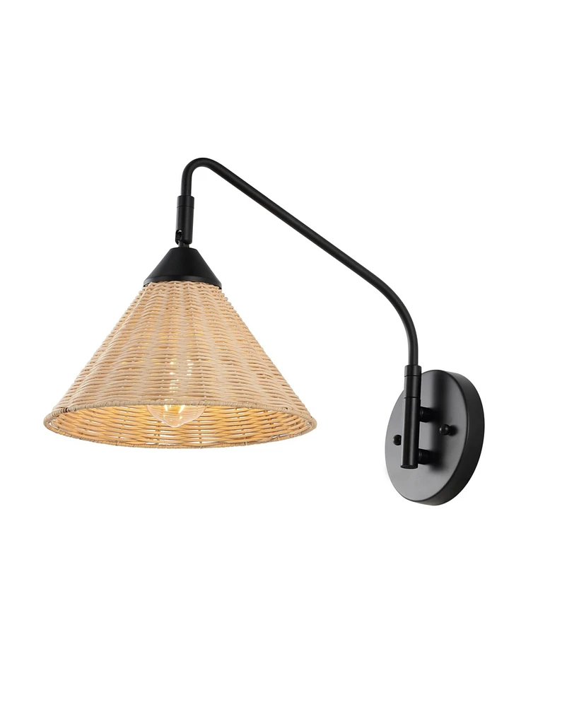 Jonathan Y Kiawah 11" 1-Light Vintage Coastal Rattan/Metal Swing Arm Led Sconce, Black/Natural