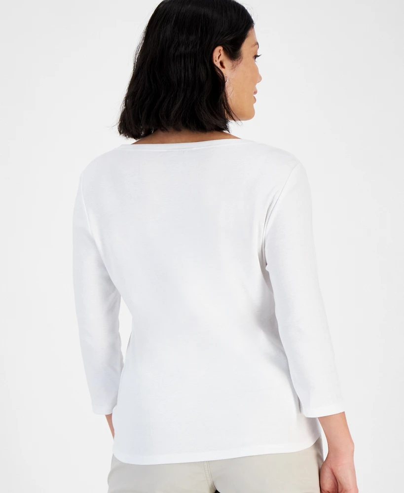 Style & Co Petite Cotton Knit Henley 3/4-Sleeve Top, Created for Macy's