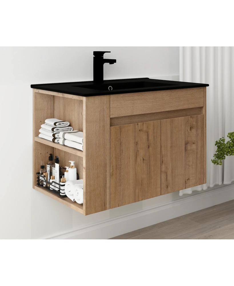 Simplie Fun 30 Inch Bathroom Vanity With Ceramic Basin And Adjust Open Shelf