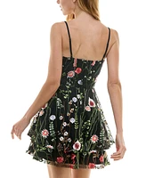 City Studios Juniors' Sweetheart-Neck Fit & Flare Floral-Embroidered Dress