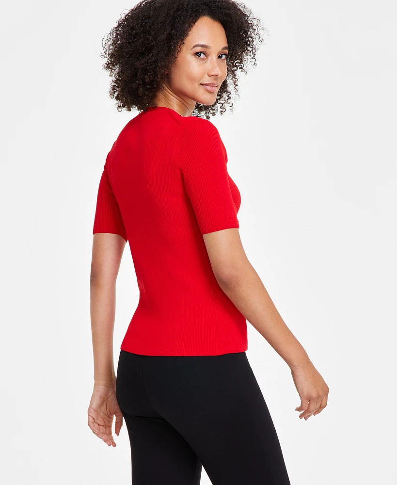 Anne Klein Women's Button-Trim Ribbed Short-Sleeve Top