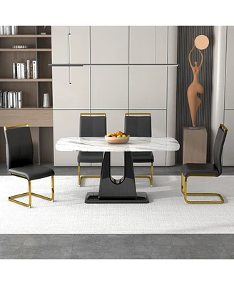 Streamdale Furniture 1 table and 4 chairs. Modern, simple and luxurious white imitation marble rectangular dining table and desk with 4 black Pu gold