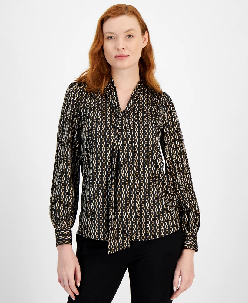 Anne Klein Women's Chain-Print Tie-Neck Blouse