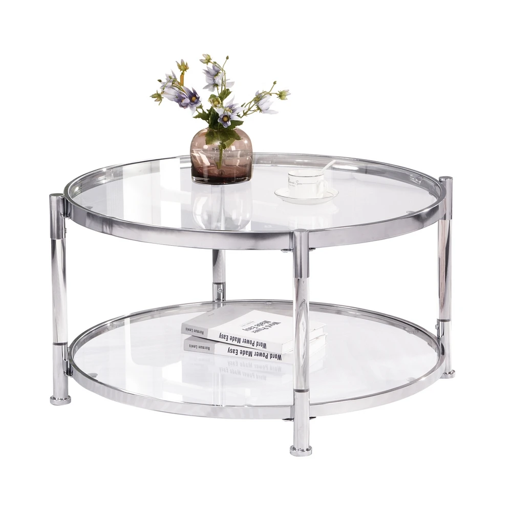 Simplie Fun Contemporary Acrylic Coffee Table, Round Tempered Glass Coffee Table, Chrome/Silver Coffee