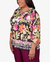 Alfred Dunner Plus Classic Bold Floral Geometric Border Top