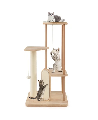 Costway Wooden Cat Tree with Sisal Scratch Board & Post Padded Perch Hanging Toys Modern