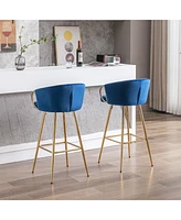 Streamdale Furniture 26 Inch Set Of 2 Bar Stools, With Chrome Footrest Velvet + Golden Leg Simple Barstool, Blue