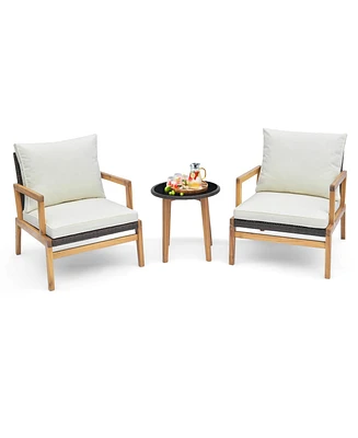 Costway 3 Pcs Outdoor Furniture Set with Cushioned Chairs and Tempered Glass Side Table