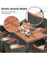 9 Pieces Outdoor Wicker Dining Set with Acacia Wood Table and 8 Armchairs