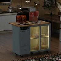 Blue Kitchen Island Cart With Led Light And Drop Leaf