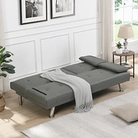 Streamdale Furniture Sofa Bed With Armrest Two Holders Wood Frame, Stainless Leg, Futon Grey Pvc