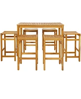 Costway 7 Pcs Acacia Wood Bar Table Set 45" Rectangular Dining Table & 6 Saddle Stools