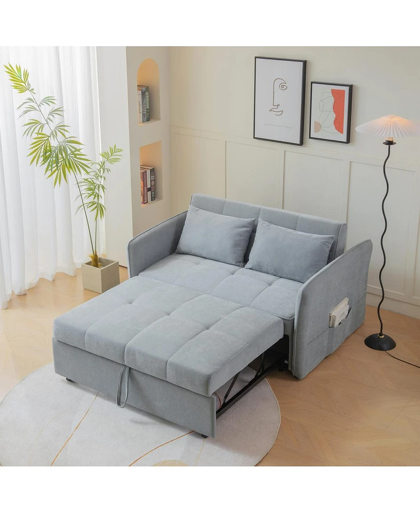 Simplie Fun Chenille Fabric Pull-Out Sofa Bed, Sleeper Loveseat Couch With Adjustable Armrests-Grey