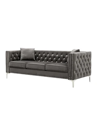 Simplie Fun 82.3" Width Modern Velvet Sofa Jeweled Buttons Tufted Square Arm Couch Grey, 2 Pillows Included