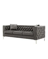 Simplie Fun 82.3" Width Modern Velvet Sofa Jeweled Buttons Tufted Square Arm Couch Grey, 2 Pillows Included