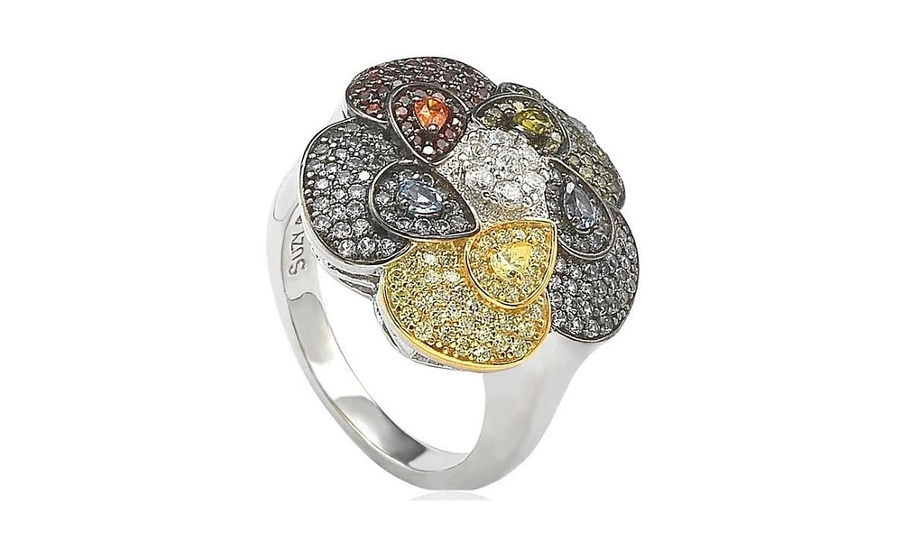 Suzy Levian New York Sterling Silver Cubic Zirconia Pave Multi-Color Flower Ring