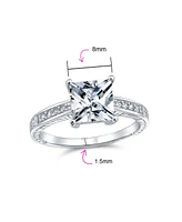 Bling Jewelry Classic Cubic Zirconia 3CT Square Cz Princess Cut Solitaire Promise Ring For Women Sterling Silver Milgrain Pave Band