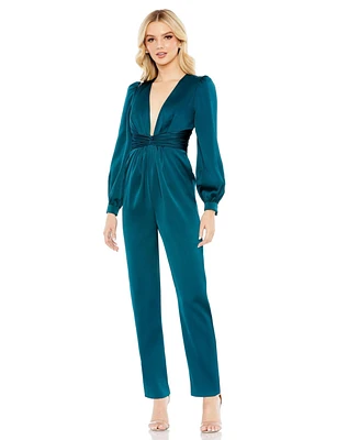 Mac Duggal Women's Ieena Front Twist Puff Sleeve Deep V Jumpsuit