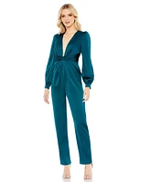 Mac Duggal Women's Ieena Front Twist Puff Sleeve Deep V Jumpsuit