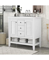 Simplie Fun 36" White Bathroom Vanity With Ceramic Basin