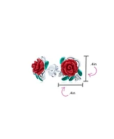 Bling Jewelry Delicate Floral Blooming Flower Cz Green Cz Leaf 3D carved Red Rose Stud Earrings For Women Sterling Silver