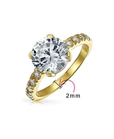 Bling Jewelry 4CT Cz Round Solitaire Promise Ring For Women .925 Sterling Silver Cubic Zirconia Pave Side Stone 2MM Band - Gold