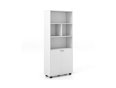 Slickblue 66 Inch Tall Double-Door Bookcase with Adjustable Shelf and Storage Cubes-White
