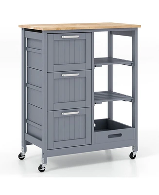 Slickblue Kitchen Island Cart on Wheels with Rubber Wood Top and 3 Drawersand Removable Tray