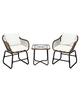 Slickblue 3 Pieces Patio Rattan Bistro Set Cushioned Chair Glass Table Deck