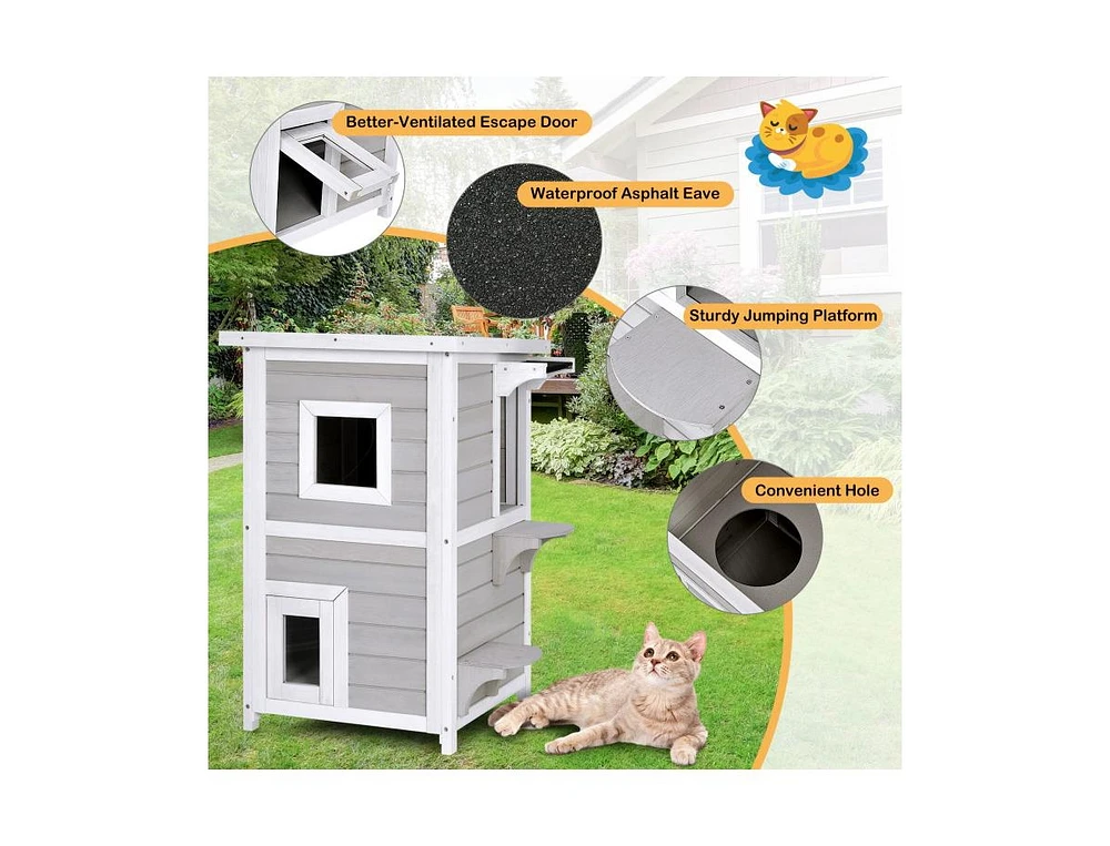 Slickblue 2-Story Wooden Cat House with Escape Door Rainproof