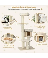 Slickblue 4-Layer 68.5-Inch Wooden Cat Tree Condo Activity Tower with Sisal Posts-Natural