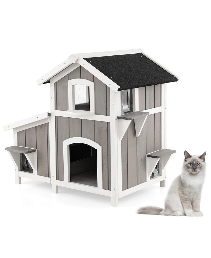 Slickblue Outdoor 2-Story Wooden Feral Cat House with Escape Door-Gray