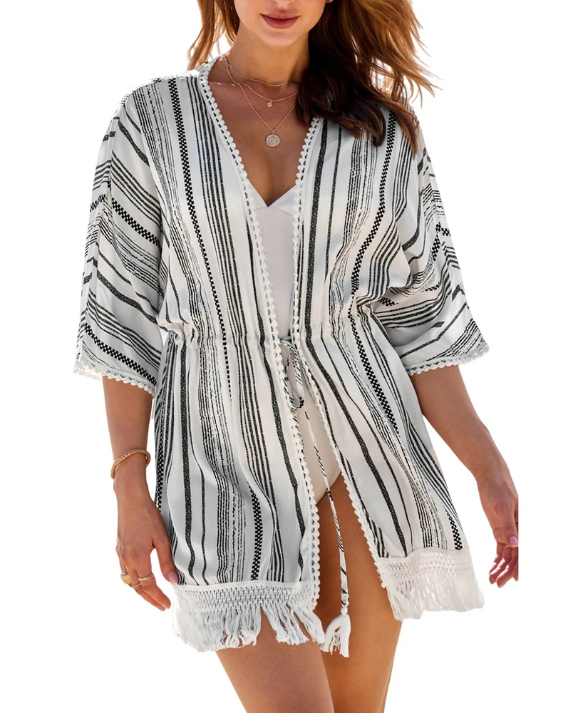 Cupshe Women's Striped Open Front Tassel Hem Cover-Up