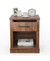 Sugift Compact Nightstand with Drawer and Open Compartment-Brown