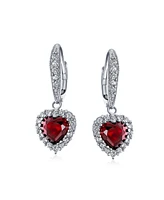 Bling Jewelry 4CT Cz Red Halo Heart Shaped Cubic Zirconia Dangle Lever back Earrings Invisible Cut Rhodium Plated