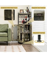 Sugift Industrial Corner Bar Cabinet with Glass Holder and Adjustable Shelf