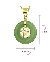 Bling Jewelry Circle Round Disc Donut Good Fortune Fu Character Chinese Symbol Dyed Green Natural Jade Disc Pendant Necklace For Women Gold Plated Ste