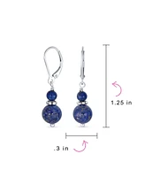 Bling Jewelry Blue Natural Lapis Lazuli Bali Milgrain Edged Beaded Rondel Separator Double Ball Round Drop Dangle Earrings Sterling Silver Lever back