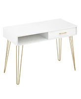 mDesign Metal/Wood Modern Computer Desk, Simple Desk w/ Drawer, White/Soft Brass