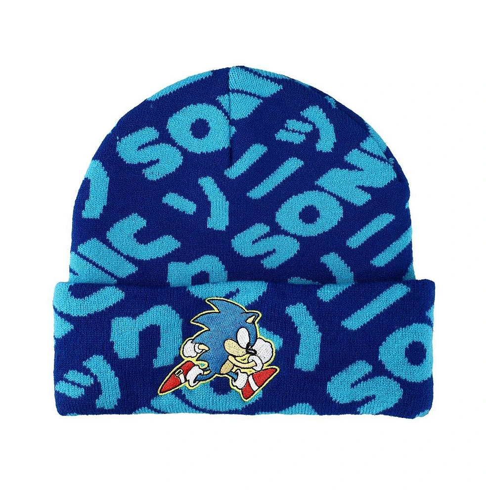 Sonic The Hedgehog Men's Sonic Flat Embroidery Blue Aop Jacquard Acrylic Knit Beanie